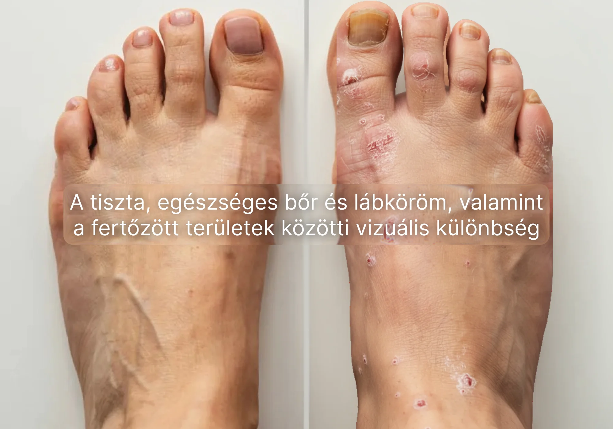 A sérült és az egészséges bőr közötti különbség a lábon