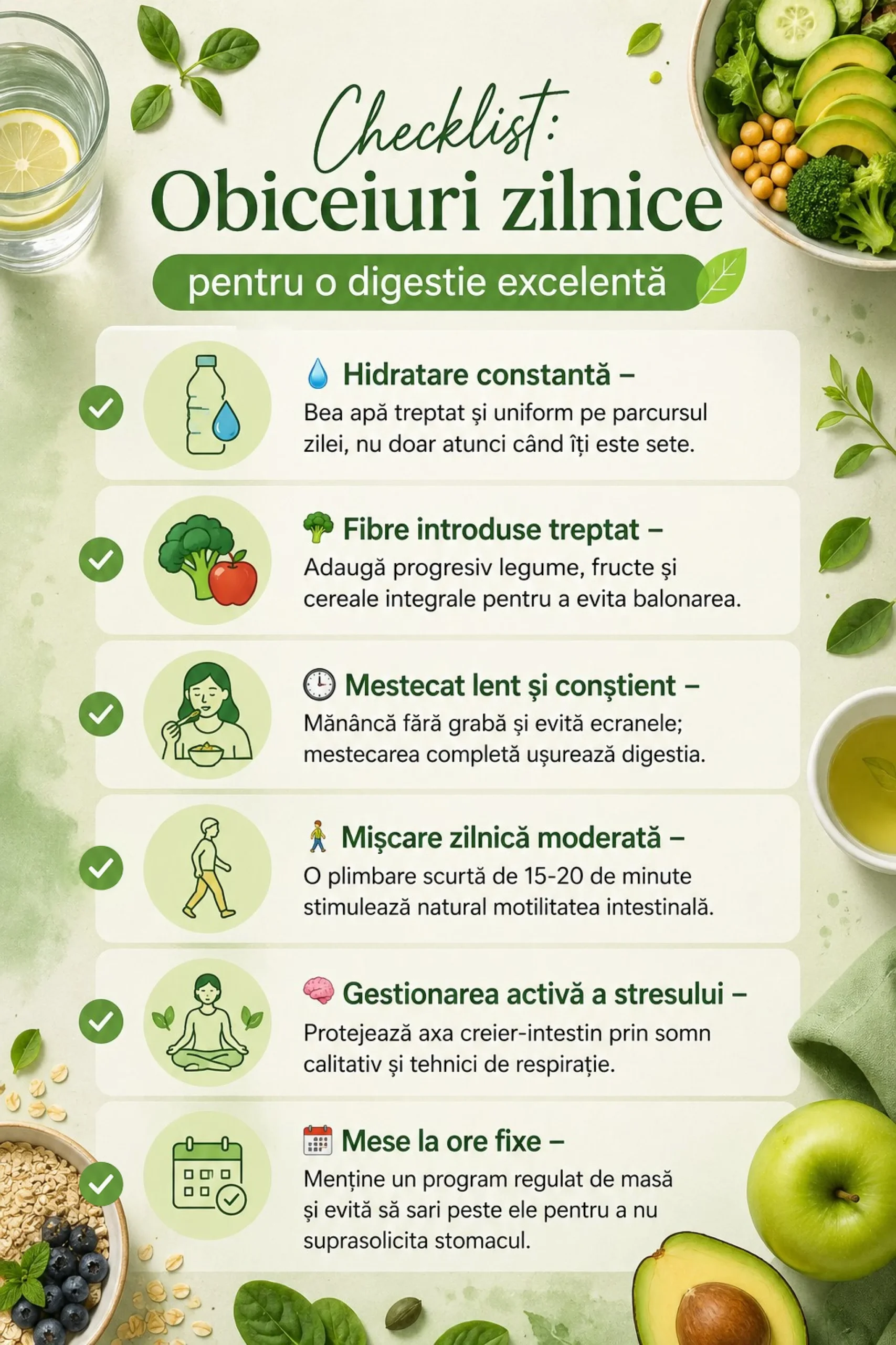 Listă de verificare cu obiceiuri zilnice pentru susținerea unei digestii sănătoase